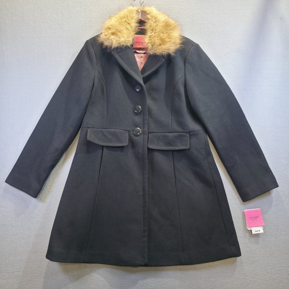 Kate Spade New York Women's Black Wool Blend Faux Fur Collar Coat Size Large NWT